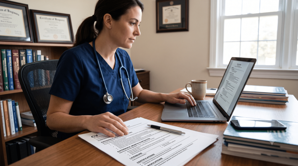 Healthcare worker reviewing CVs on laptop.
